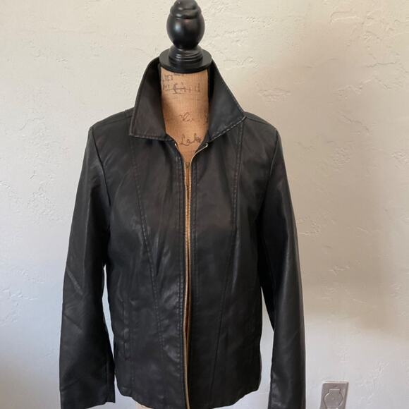 Vintage 90s Black vegan leather jacket Moto zip silver hardware bomber Y2K Small - Picture 7 of 11